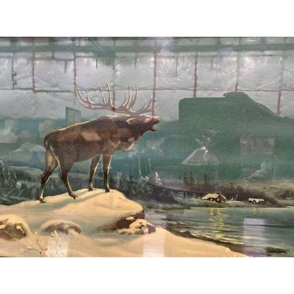 Antique 1927 Theo Lithograph “Call of the Night Elk” – Framed Art Framed Decor